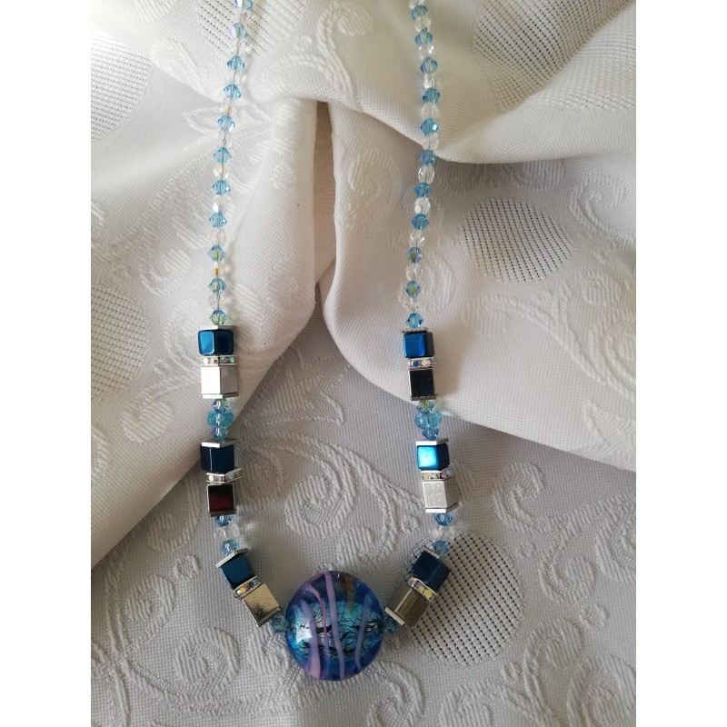 Collier mélange de perle  murano bleu hématite  et swarovski