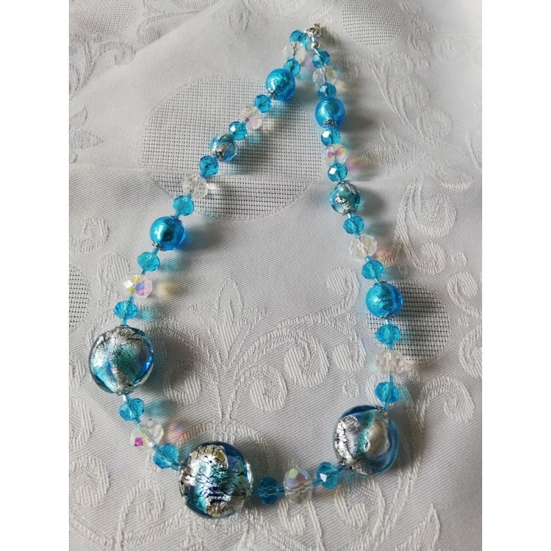 Lagon collier en perles de verre Murano et swarovski bleu et argent