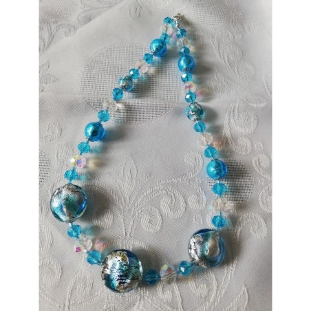 Lagon collier en perles de verre Murano et swarovski bleu et argent