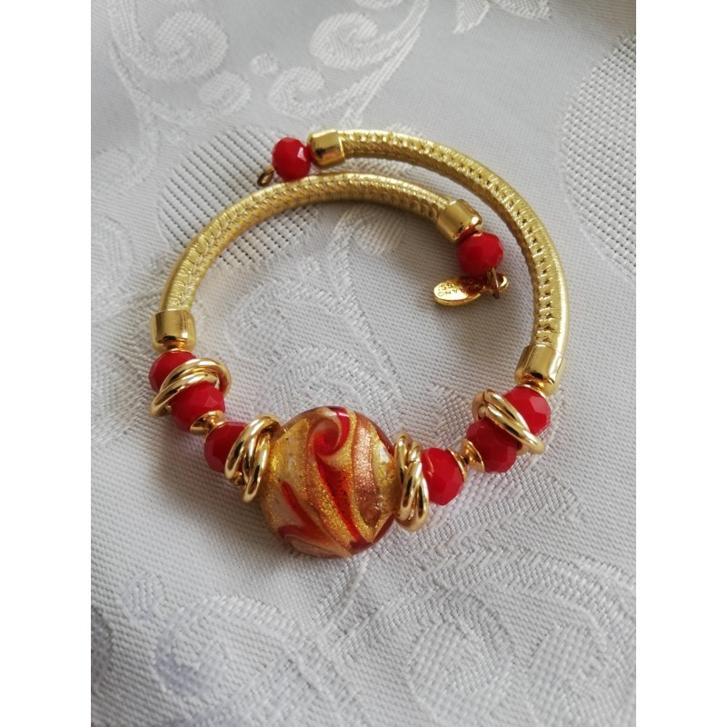 Bracelet Murano fait main perle ronde plate rouge et or strass et perles Swarovski