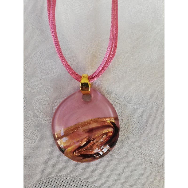 Pendentif perle Murano vieux rose et feuille d'or