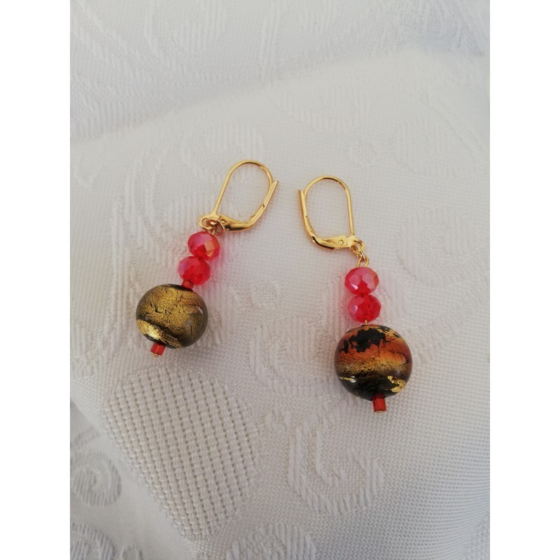 Boucle d'oreilles perle Murano rouge et or et perle swarovski